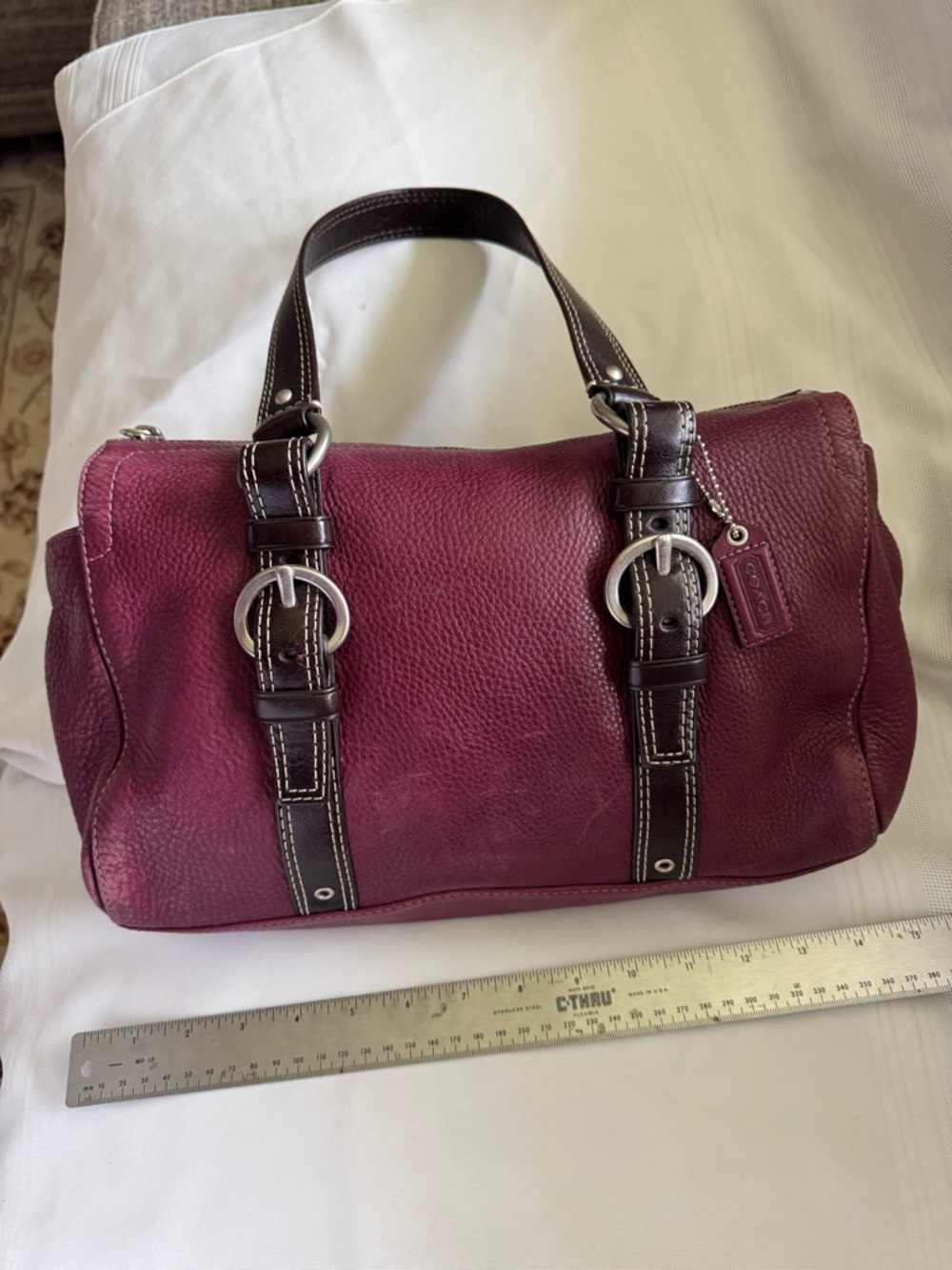 Coach Plum Leather Satchel with Dark Brown Straps and Silver Hardware